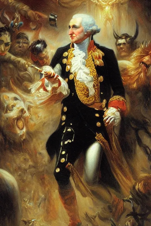 Image similar to george washington infected by the venom symbiote. art by gaston bussiere.