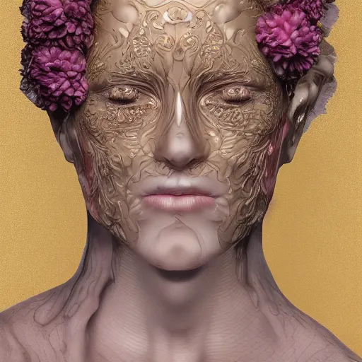 Image similar to beatifull face portrait of a woman, 150 mm, anatomical, flesh, flowers, mandelbrot fractal, facial muscles, veins, arteries, intricate, golden ratio, full frame, microscopic, elegant, highly detailed, ornate, ornament, sculpture, elegant , luxury, beautifully lit, ray trace, unreal, 3d, PBR, in the style of peter Gric , alex grey and Romero Ressendi