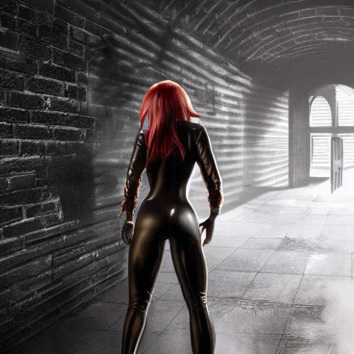 Image similar to a school boy being intimidated by a succubus in a leather suit, devi wings, cracked brick wall, long hallway, light at the end of the tunnel, volumetric lighting, concept art, detailed, dramatic lighting, by wlop, artgerm