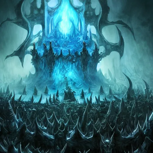 Image similar to vast ice dungeon, arthas the lich king summoning a horde of undead warriors, warcraft, warcraft artwork, mixed art, cinematic light, majestic, hyperrealistic, hyper detailed, dark fantasy, gritty