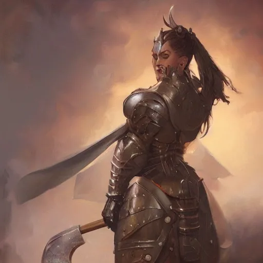 Prompt: A beautiful oil painting of a pretty old lady in armor by Lucas Graciano, Frank Frazetta, Greg Rutkowski, Boris Vallejo, epic, fantasy, character art, high fantasy