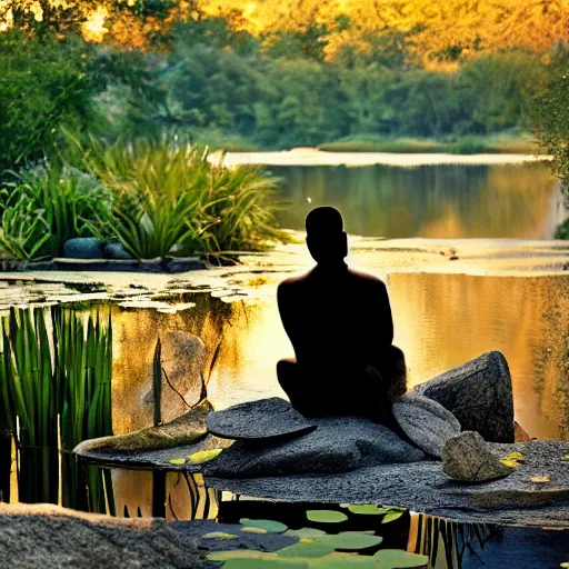 Prompt: a zen master quietly sitting in a rock garden overlooking a pond of lilly pads during a sublime sunrise, his dark silhouette defocused with bokeh, colorful masterpiece photograph,