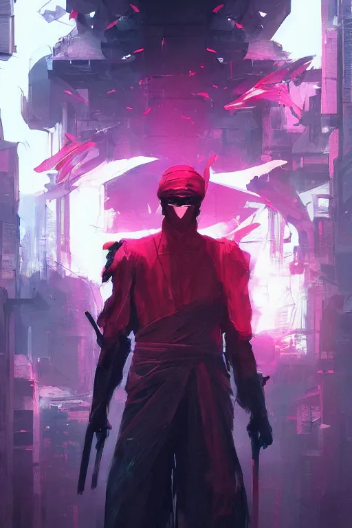 Image similar to portrait of ninja slayer, japan, neon lighting, night city, digital art from artstation, digital illustration by Ruan Jia and Mandy Jurgens and Artgerm and Wayne Barlowe and Greg Rutkowski and Zdislav Beksinski