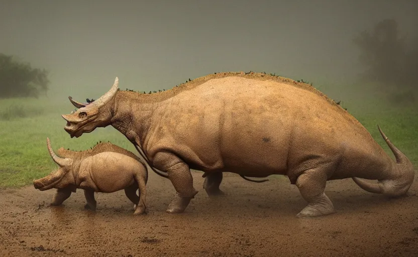 Image similar to nature photography of a rain soaked triceratops and her baby, african savannah, rainfall, muddy embankment, fog, digital photograph, award winning, 5 0 mm, telephoto lens, national geographic