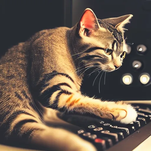 Image similar to a cat playing videogames with paws on a gaming keyboard and wearing a headset, photorealistic, instagram post 4k, highly detailed