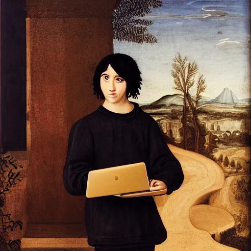 Prompt: portrait of a shaggy black haired teenager with a black colored sweater with a laptop, full body, renaissance painting, ultra detailed, high resolution, masterpiece