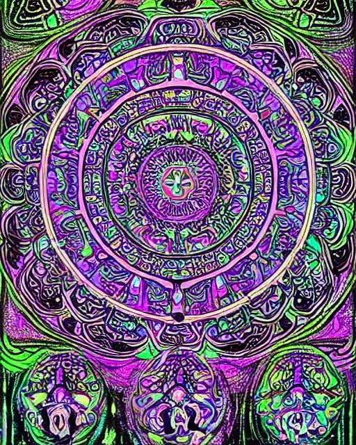 Image similar to doors of perception, psychedelic blacklight art, intricate mandala, mushrooms, forest