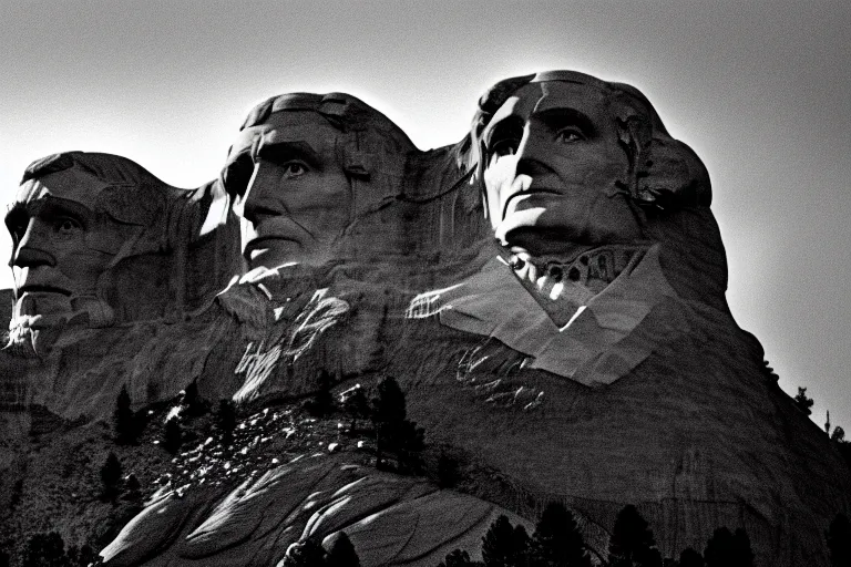 Prompt: black and white photograph, grainy and cinematic, of Cthulhu attacking Mount Rushmore at night. 4k