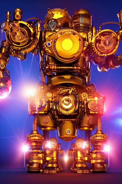 Image similar to portrait photo of a giant huge golden and blue metal humanoid steampunk robot witha huge camera on the head, with gears and tubes, eyes are glowing red lightbulbs, shiny crisp finish, 3 d render, 8 k, insaneley detailed, fluorescent colors, background is multicolored lasershow