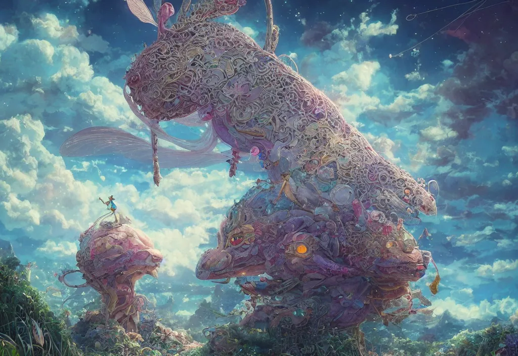 Image similar to the beautiful hyper detailed scene render lonely single beautiful huge rat confronts huge iridescent dragonfly alone in fairyland surrounded by white clouds, in the style of makoto shinkai victo ngai and peter mohrbacher studio ghibli artgerm karol bak beeple, cinematic, beautiful face, psychedelic, animation style, 8 k hd, ultra wide angle