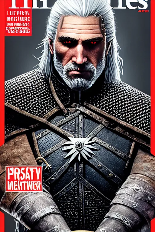 Image similar to portrait of geralt of rivia, 5 5 mm lens, professional photograph, times magazine, serious, stern look, zoomed out