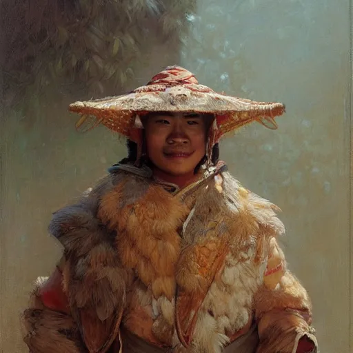 Prompt: portrait of an asian man dressed as a chicken, the chicken man, highly detailed painting by gaston bussiere, craig mullins, j. c. leyendecker 8 k