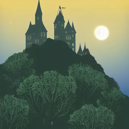 Image similar to highly detailed, silhouette of a castle on misty mountains, beautiful, calm, full moon, digital art