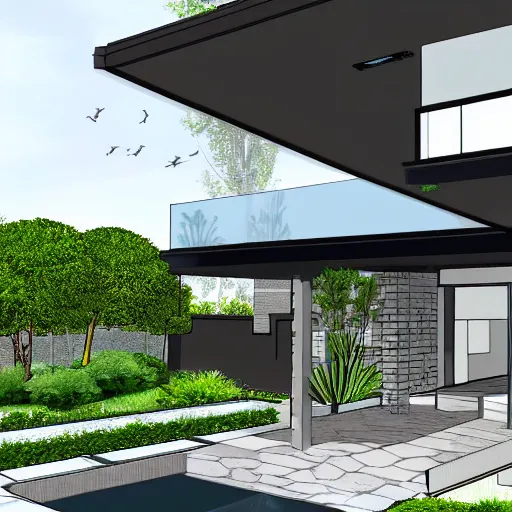 Image similar to an architectural drawing of a modern house with a courtyard, detailed, lush,