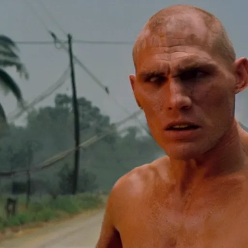 Image similar to Live Action Still of Jerma985 in Apocalypse Now, real life, hyperrealistic, ultra realistic, realistic, highly detailed, epic, HD quality, 8k resolution, body and headshot, film still