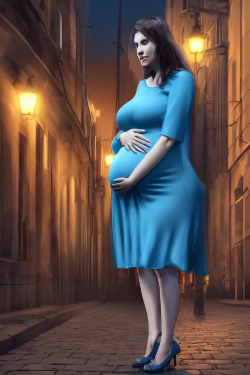 Prompt: pregnant woman in a small blue dress on night street, highly detailed, sharp focused, ultra realistic digital concept art by Edwin Longsden