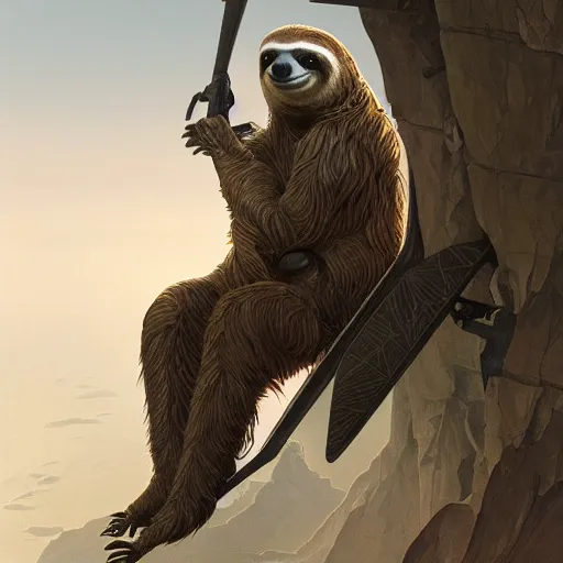 Prompt: detailed science - fiction character portrait of a sloth hang gliding, wild, highly detailed, digital painting, artstation, concept art, smooth, sharp focus, illustration, art by artgerm and greg rutkowski and alphonse mucha