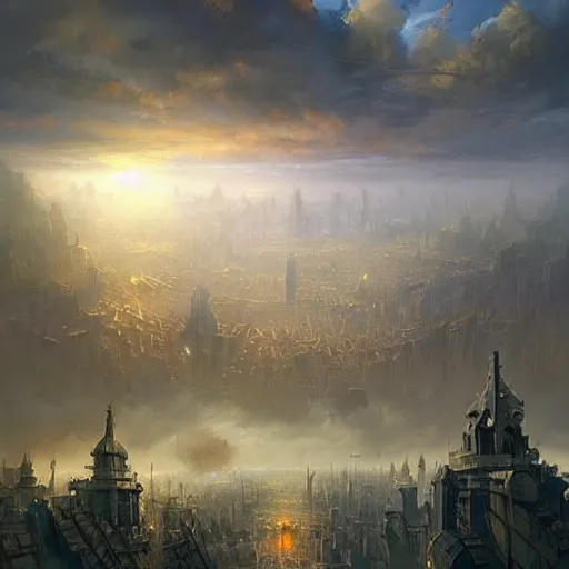 Prompt: a painting of a city floating in the air, a matte painting by marc simonetti, deviantart, fantasy art, apocalypse landscape, matte painting, apocalypse art