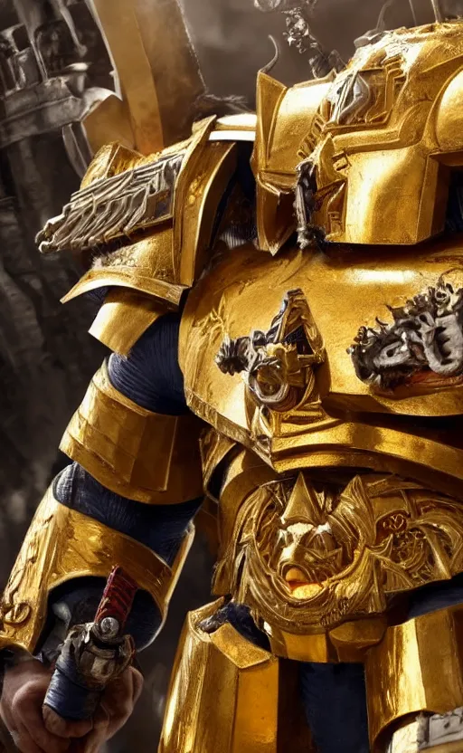 Image similar to angry Henry Cavill as warhammer 40k God-Emperor of Mankind dressed in his glowing golden power armor. full-length portrait, beautiful face, long hair, painted by Donato Giancarlo, intricate fine armor rune details, cinematic, highly detailed, octane render