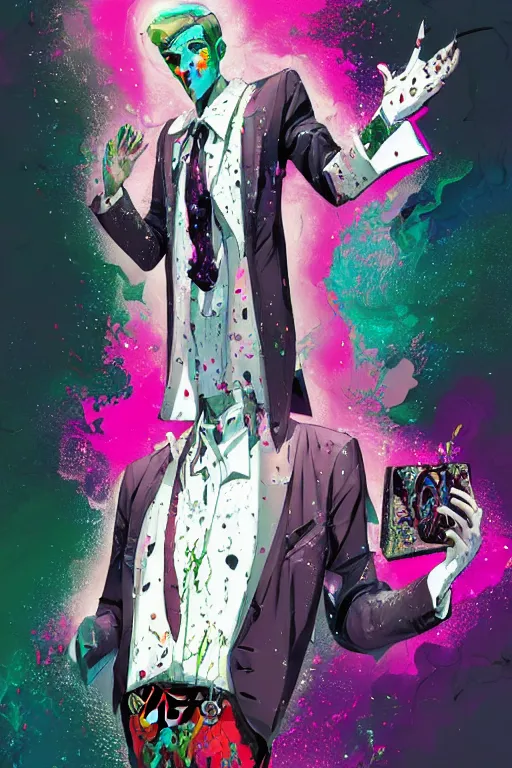 Image similar to wealthy male half necromancer, made of white gucci fabric, pixiv fanbox, dramatic lighting, maximalist pastel color palette, splatter paint, pixar and disney exploded - view drawing, graphic novel by fiona staples and dustin nguyen, peter elson, alan bean, wangechi mutu, clean cel shaded vector art, trending on artstation