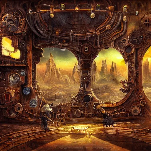 Image similar to surrealist landscape, inside steampunk ant citya, painting, highly detailed