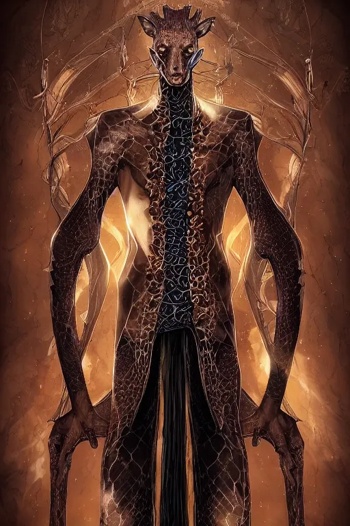 Image similar to beautiful full body portrait of a human - giraffe hybrid male wizard, scaley!! black onyx skin, wearing a fancy tunic, by wlop and artgerm, steampunk fiction, detailed deep black eyes, space background, trending, on artstation.