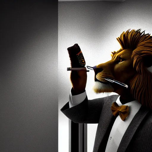 Image similar to a lion smoking a cigar wearing a suit, subject= lion, subject detail: wearing a suit, subject action: smoking a cigar, dramatic lighting, cinematic lighting, establishing shot, photorealistic, high details, cinematic, 8k resolution, extremly detailed, photorealistic, artstation, unreal engine