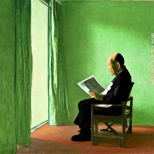 Image similar to old balding japanese man with white shirt, sitting on a chair and reading newspaper while looking at the ceiling of his room with contrastic green lighting by monet