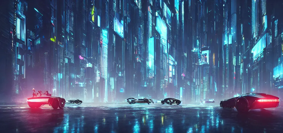 Prompt: view from the ground of a futuristic cyberpunk city at night in rain, with flying cars, symmetry, cinematic lighting, ultra detailed, sharp, ambient occlusion, raytracing, by greg rutowski, paul chadeisson and jessica rossier