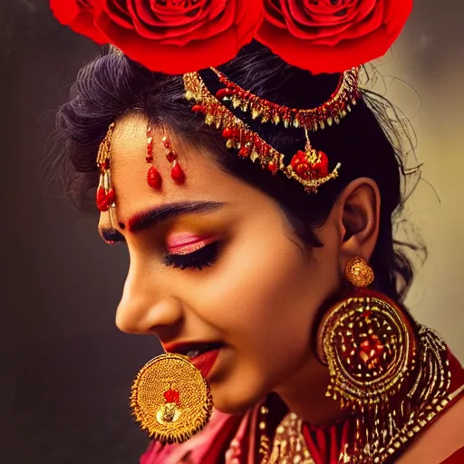 Image similar to realistic expired fuji film portrait of happy india hijra, red roses celestial vibe, hyperrealism, hypermaxiymalism, photorealistic, detailed, atmospheric, 8 k, award winning photography, cinematic