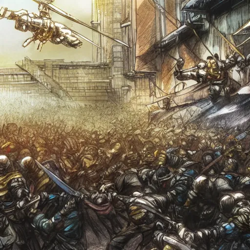 Image similar to one hero with sword looking at army of swordsmen in the background, in the middle of an arena, crowd of people, pencil art, straight, clear, added detail, high definiton, colored, backfacing, by yoji shinkawa