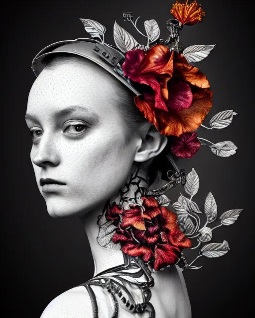 Image similar to monochrome profile portrait painting, dutch masters, silver lace floral steampunk biomechanical beautiful young female cyborg with one techno eye, monocular, volumetric light, leaves foliage and stems, hibiscus flowers, alexander mcqueen, rim light, big gothic fashion pearl embroidered collar, 8 k