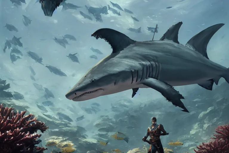 Prompt: an armored humanoi shark standing by coral reef, by mandy jurgens and bayard wu and greg rutkowski, fantasy, d & d, key art