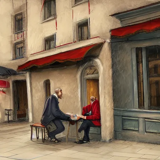 Prompt: two men talking, old café, belgrade bohemian street, old town, intricate, elegant, highly detailed, digital painting, artstation, concept art, matte sharp focus, illustration