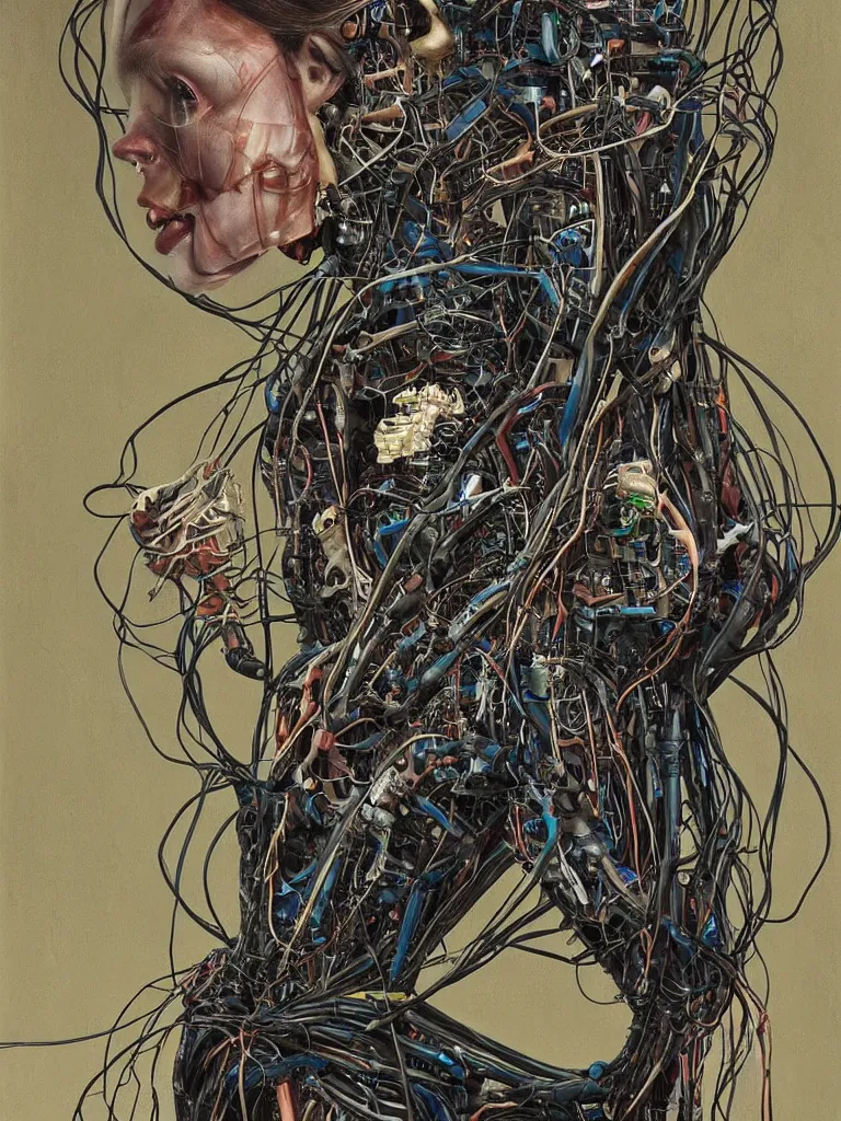 Image similar to portrait of a beautiful female android robot holding a realistic anatomical heart in her hands and crying, there are wires coming from her heart, tangled and entwined with her long flowing hair, mecha, biopunk, skeleton bones, surrounded by tropical plants, black background, painting by Dan Witz