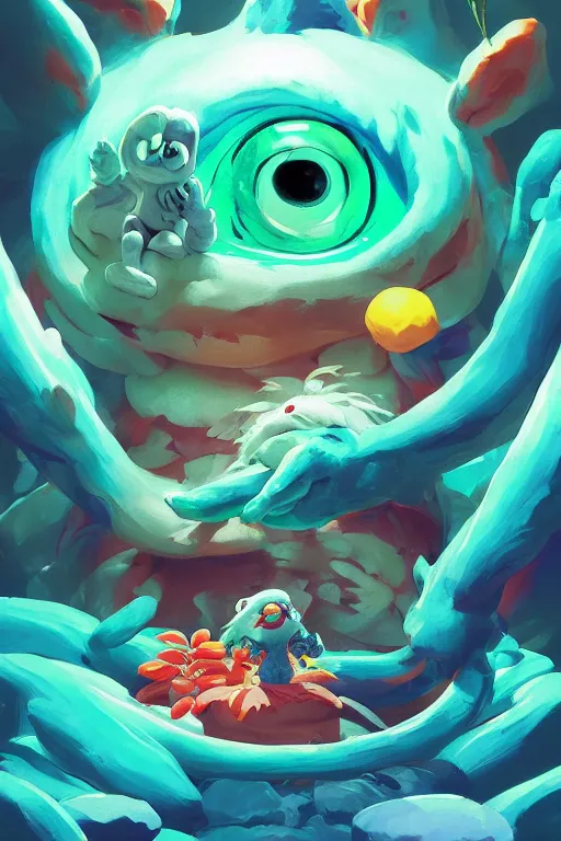 Image similar to smurf ghost creature animal sushi cristal very big eye roots cactus elemental flush of force nature micro world fluo fishscale, behance hd by jesper ejsing, by rhads, makoto shinkai and lois van baarle, ilya kuvshinov, rossdraws radiating a glowing aura global illumination ray tracing hdr