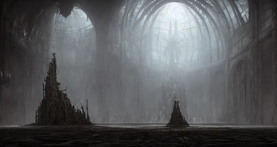 Image similar to dark fantasy throne, inside the satan's hall, demon guards, ethereal, ominous, misty, 8 k, by h. r. giger and greg rutkowski, the last guardian by fumito ueda - elden ring