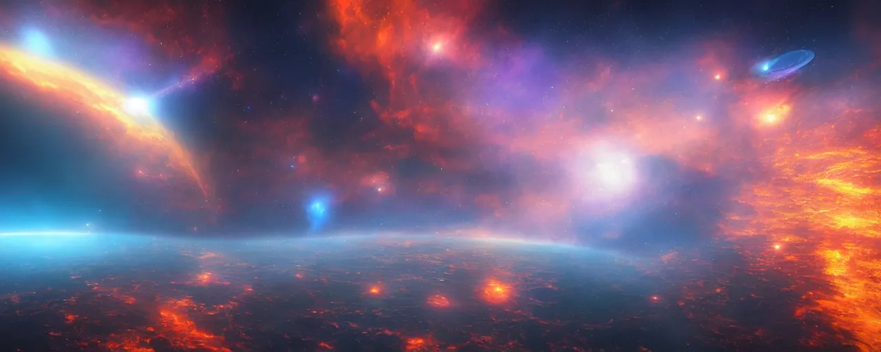 Image similar to warm colours, cinematic render of atmospheric deep space, glowing epicentre, volumetric lighting, cathrin machin