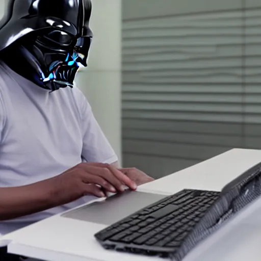 Prompt: Darth Vader programming on his laptop, so frustrated that his python code won't work