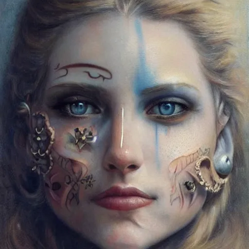 Prompt: photorealistic painting of a female tattooed face with piercings, realistic eyes, symmetric face, beautiful bone structure, dark blonde long hair, painting by gaston bussiere