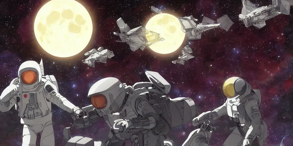 Image similar to war between a planet and it's moon, protection shield, art by makoto shinkai and alan bean, yukito kishiro