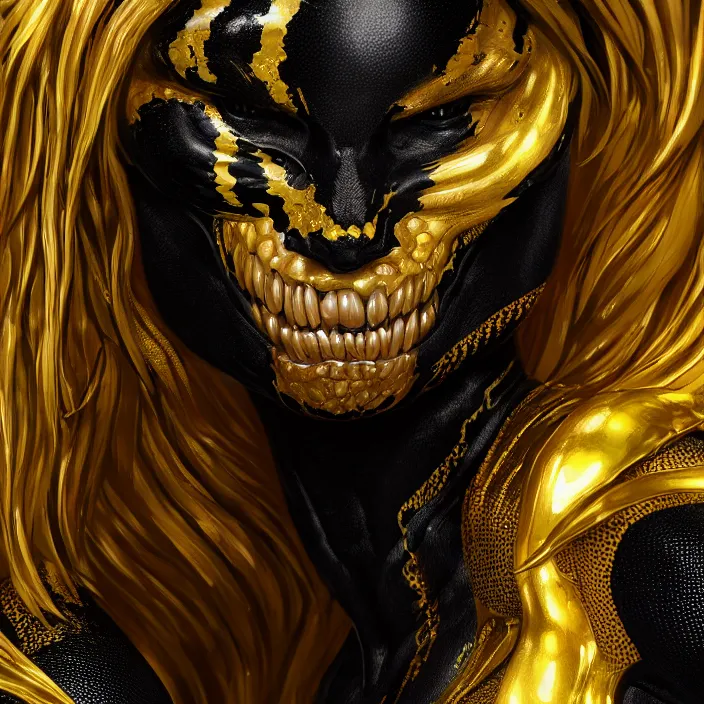 Image similar to female gold and black venom, naturel, hyper detailed, digital art, trending in artstation, cinematic lighting, studio quality, smooth render, unreal engine 5 rendered, octane rendered, art style by klimt and nixeu and ian sprigger and wlop and krenz cushart