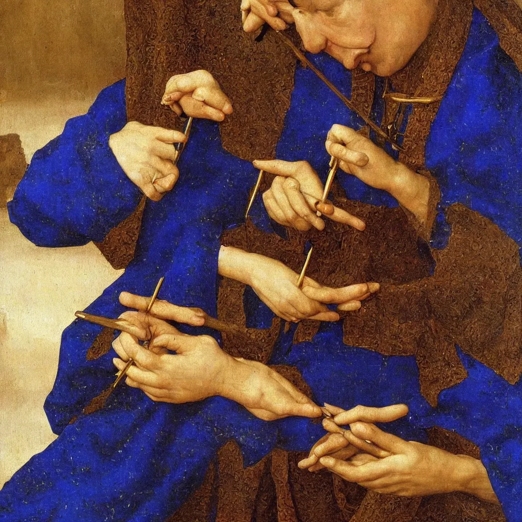 Image similar to close up of the artist hands painting a miniature, lapis - lazuli. painting by jan van eyck