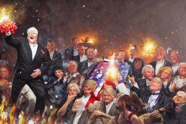 Image similar to portrait of rip taylor throwing confetti during a funeral service, an oil painting by ross tran and thomas kincade