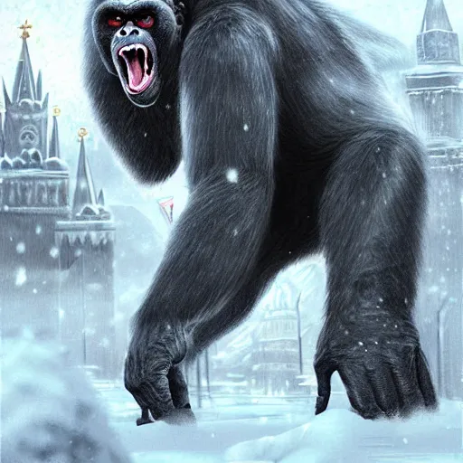 Prompt: angry and aggressive king kong in winter moscow, digital painting, very detailed, art by artgerm