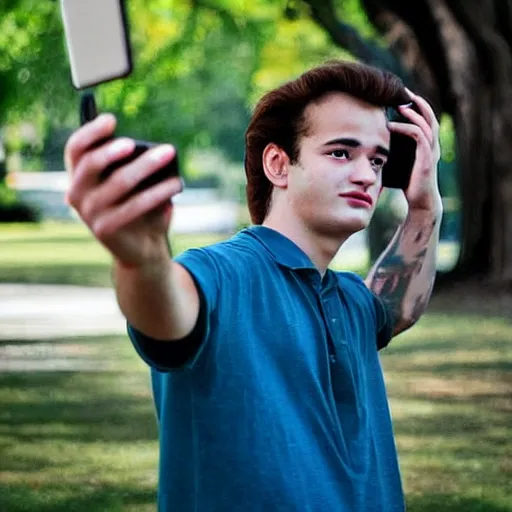 Image similar to modern color fine details iphone 12 Pro selfie photograph of a young 20 year old Bill Murray at 20 years old taking a selfie in a park on an iPhone 12 Pro, 20 year old Bill Murray, modern HD cell phone photograph in color, instagram, IQ4, 150MP, 50mm, F1.4, ISO 200, 1/160s, natural light, Adobe Photoshop, Adobe Lightroom, photolab, Affinity Photo, PhotoDirector 365