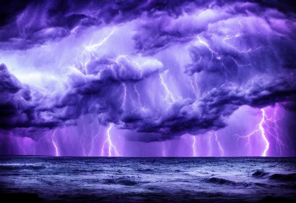 Image similar to purple color lighting storm with stormy sea a pirate ship trippy nebula sky