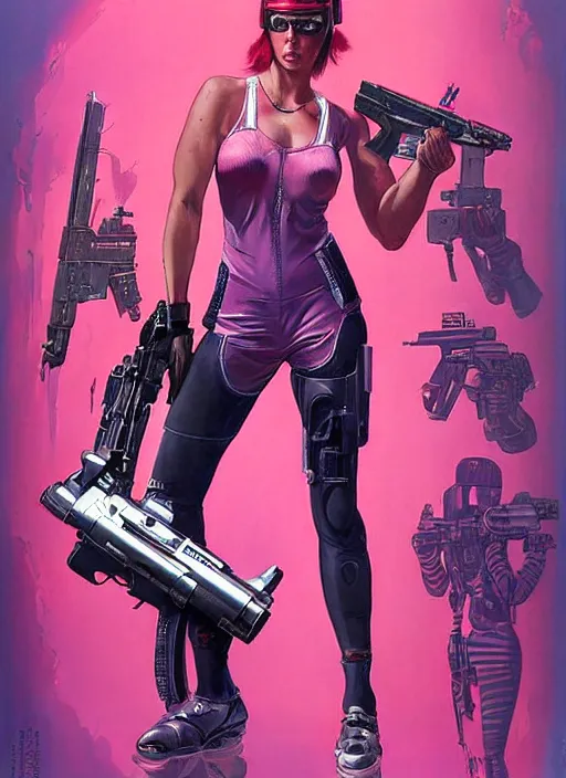 Image similar to beautiful cyberpunk female athlete in pink jumpsuit. lady firing a futuristic red automatic pistol with huge magazine. ad for pistol. cyberpunk poster by james gurney, azamat khairov, and alphonso mucha. artstationhq. gorgeous face. painting with vivid color, cell shading. ( rb 6 s, cyberpunk 2 0 7 7 )