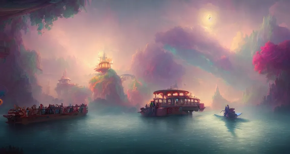 Image similar to an amusement park boat ride with pastel colors by peter mohrbacher, vivid colors, matte painting, 8K, concept art, mystical color scheme, trending on artstation