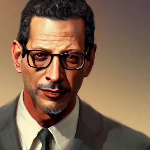 Image similar to Portrait of a Jeff Goldblum in GTA V , art by Albert Bierstadt and James Gurney, highly detailed, digital painting, matte painting, concept art, illustration, oppressive lighting, trending on artstation, very detailed